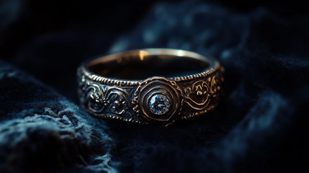 Wedding ring on a dark blue background. Selective focus.の写真素材