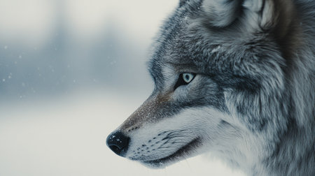 Close-up portrait of a beautiful wolf in the winter forest.の写真素材