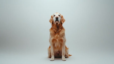 Portrait of a golden retriever dog sitting on grey background.の写真素材