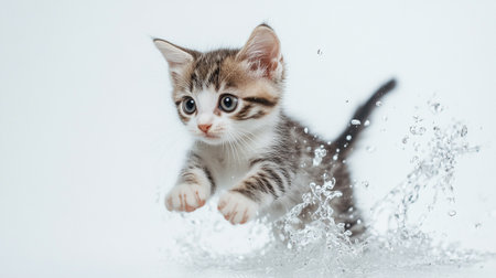 Cute little kitten playing on white background with splashes of waterの写真素材