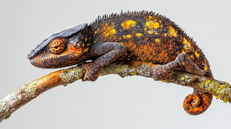 Close-up of a chameleon on a branch against white backgroundの写真素材