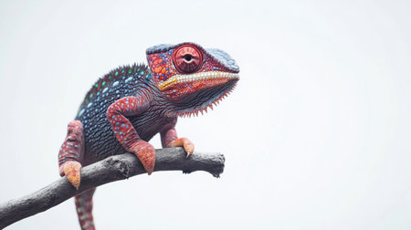 Colorful chameleon on a branch isolated on white background.の写真素材