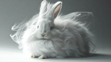 White fluffy rabbit with long hair on a gray background. Close-up.の写真素材