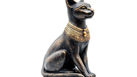 Egyptian cat statuette isolated on white background with clipping pathの写真素材