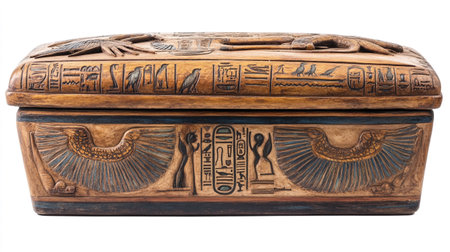 Antique wooden box with hieroglyphs isolated on white backgroundの写真素材