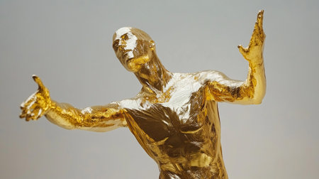 golden statue of a man on a white background in the studioの写真素材