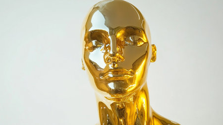 golden statue on white background, closeup of photoの写真素材
