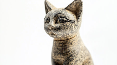 Close-up of clay cat figurine on a white background.の写真素材