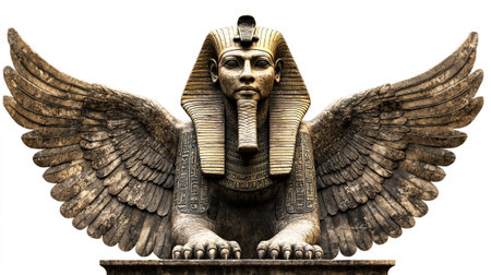 Statue of pharaoh with wings isolated on a white background.の写真素材