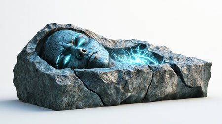 3D rendering of a human skull on a stone surface with lightningの写真素材
