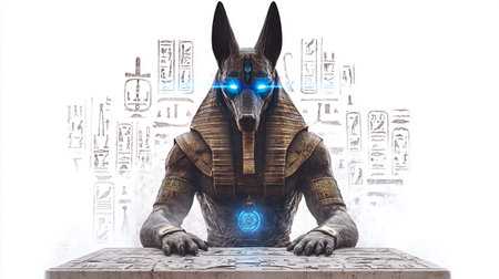 Golden statue of a female cyborg isolated on a white background.の写真素材