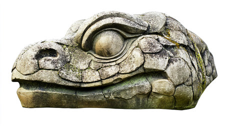 Ancient stone head of a crocodile isolated on a white background.の写真素材