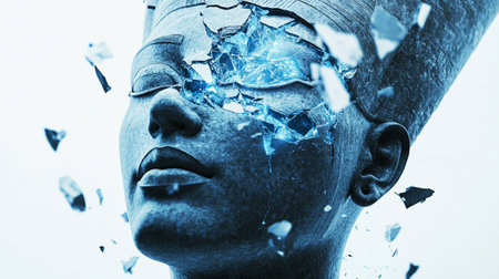 Close up of female head with broken glass effect. 3D renderingの写真素材