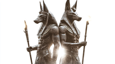 Statues of Egyptian gods on a white background. 3D renderingの写真素材
