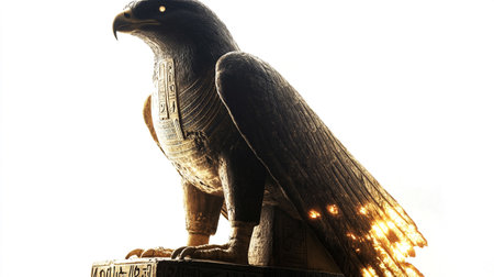 Golden eagle statue on a white background with sun rays and copy spaceの素材