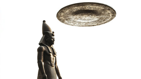 Golden statue isolated on white background with object in the airの素材