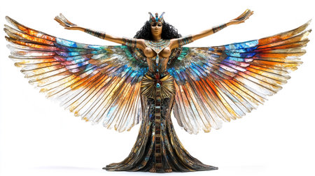 3D rendering of a fantasy woman with wings spread isolated on white backgroundの写真素材