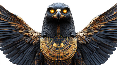 3d rendering of an eagle with a golden shield on a white backgroundの写真素材