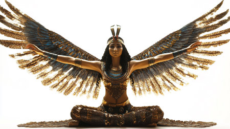 Statue of a woman with gold wings on a white backgroundの素材