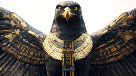 3D rendering of a black eagle with golden wings on a white backgroundの写真素材