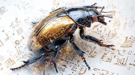 Male rhinoceros beetle on paper with hieroglyphsの素材