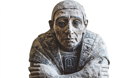 Statue of an ancient Egyptian Pharaoh isolated on a white background.の写真素材