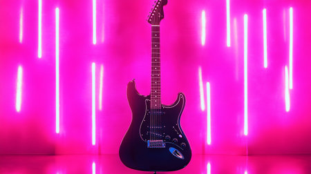 Electric guitar on a pink background with neon lights. 3d renderingの写真素材