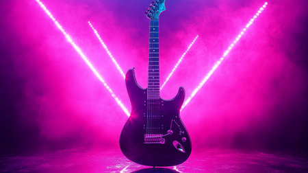 Electric guitar in smoke and neon lights on a dark background. 3d renderingの写真素材