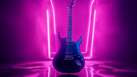 Electric guitar in neon light on a dark background. 3d renderingの写真素材