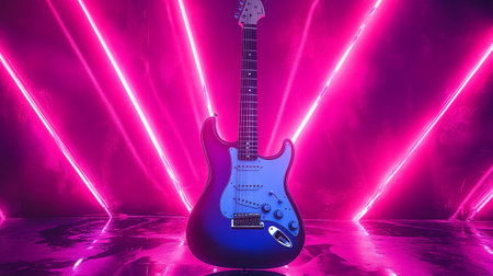 Blue electric guitar on a purple background with neon lights. 3d renderingの素材