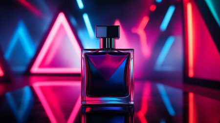 Perfume bottle on dark background with neon lights. 3d renderingの写真素材