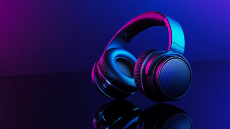 Headphones on a dark blue background. 3d rendering illustration.の写真素材