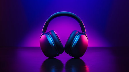 Modern headphones on a dark background with blue and purple neon light.の写真素材