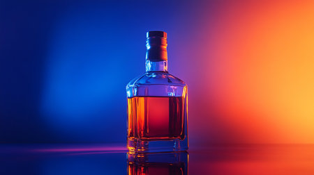 Bottle of whiskey on a dark blue background. Close-up.の写真素材