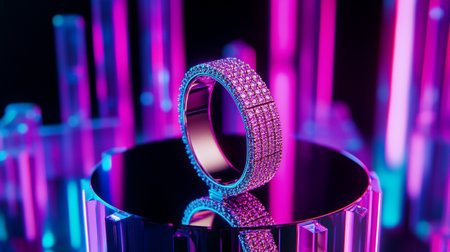 wedding ring on the background of blue and pink neon lightsの写真素材