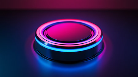 3d rendering of a blue button on a dark background with a neon glowの写真素材