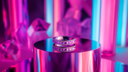 Wedding rings on a stand in front of a colorful backgroundの写真素材