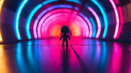 Miniature people : Astronaut stand in the tunnel of neon light.の写真素材