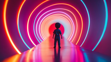 3d rendering of a child in a tunnel with colorful neon lightsの写真素材