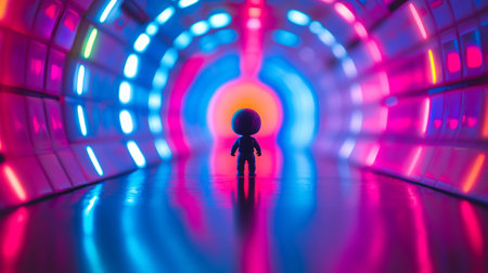 3d illustration of miniature man standing in futuristic tunnel with neon lightの写真素材