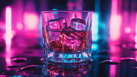 Glass of whiskey with ice cubes on a dark background with purple light.の写真素材