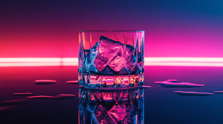 Glass of whiskey with ice cubes on a dark background in neon lightの写真素材