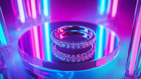 wedding rings on a stand in neon light. 3d renderingの写真素材