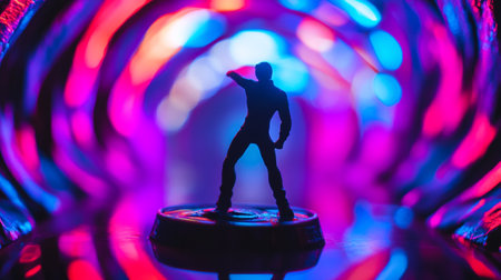 Silhouette of a man standing in front of a colorful neon lightの写真素材