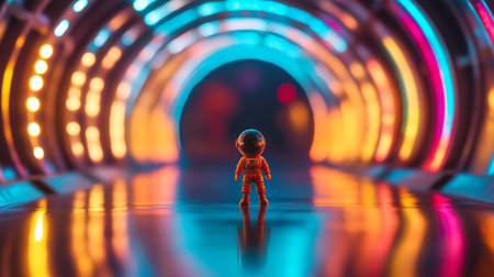 Miniature people : Astronaut standing on the floor with colorful light background.の写真素材