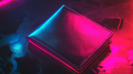 Leather wallet on a dark background with neon light. Close up.の写真素材
