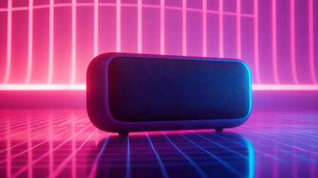 Blue speaker on a pink background. 3D rendering. Neon lights.の素材