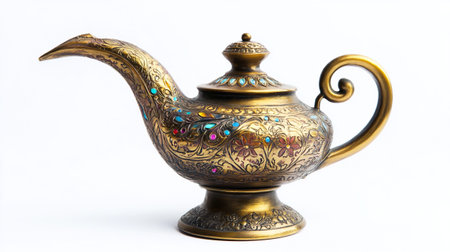 Antique brass teapot isolated on white background, clipping path includedの写真素材