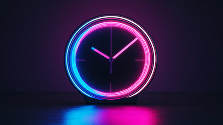 Glowing neon round clock on dark background. 3D Renderingの写真素材
