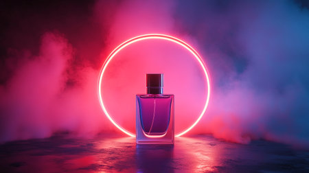 Perfume bottle on a dark background with neon lights. 3d renderingの写真素材